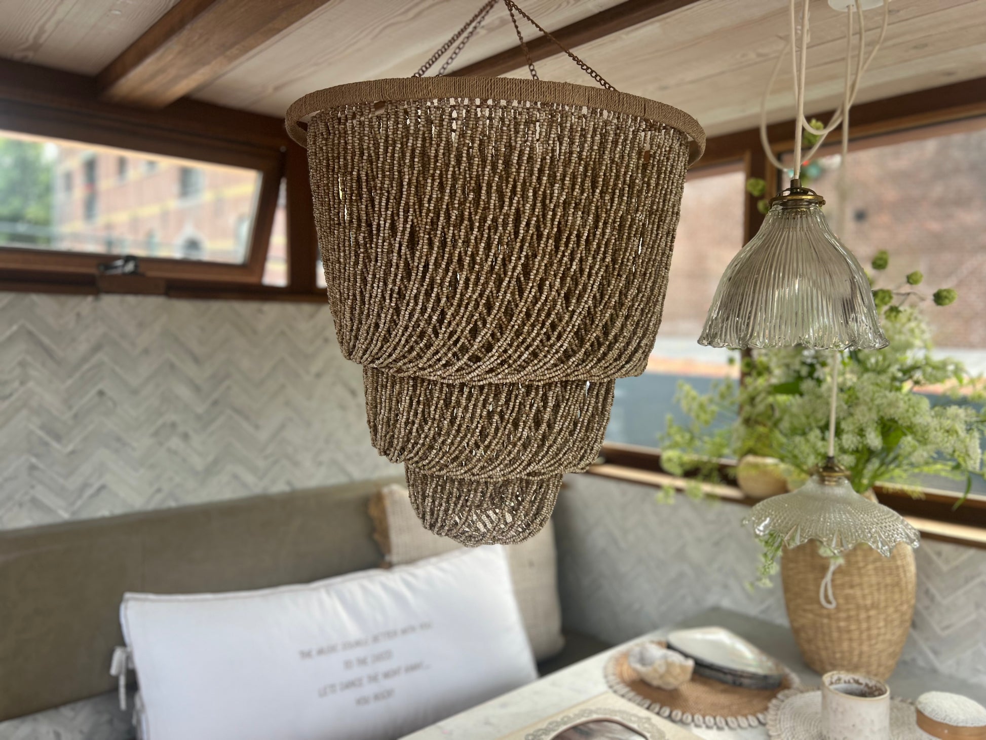Natural Beaded Hanging Lamp - Boho Chic Lighting | Mandala Stencils