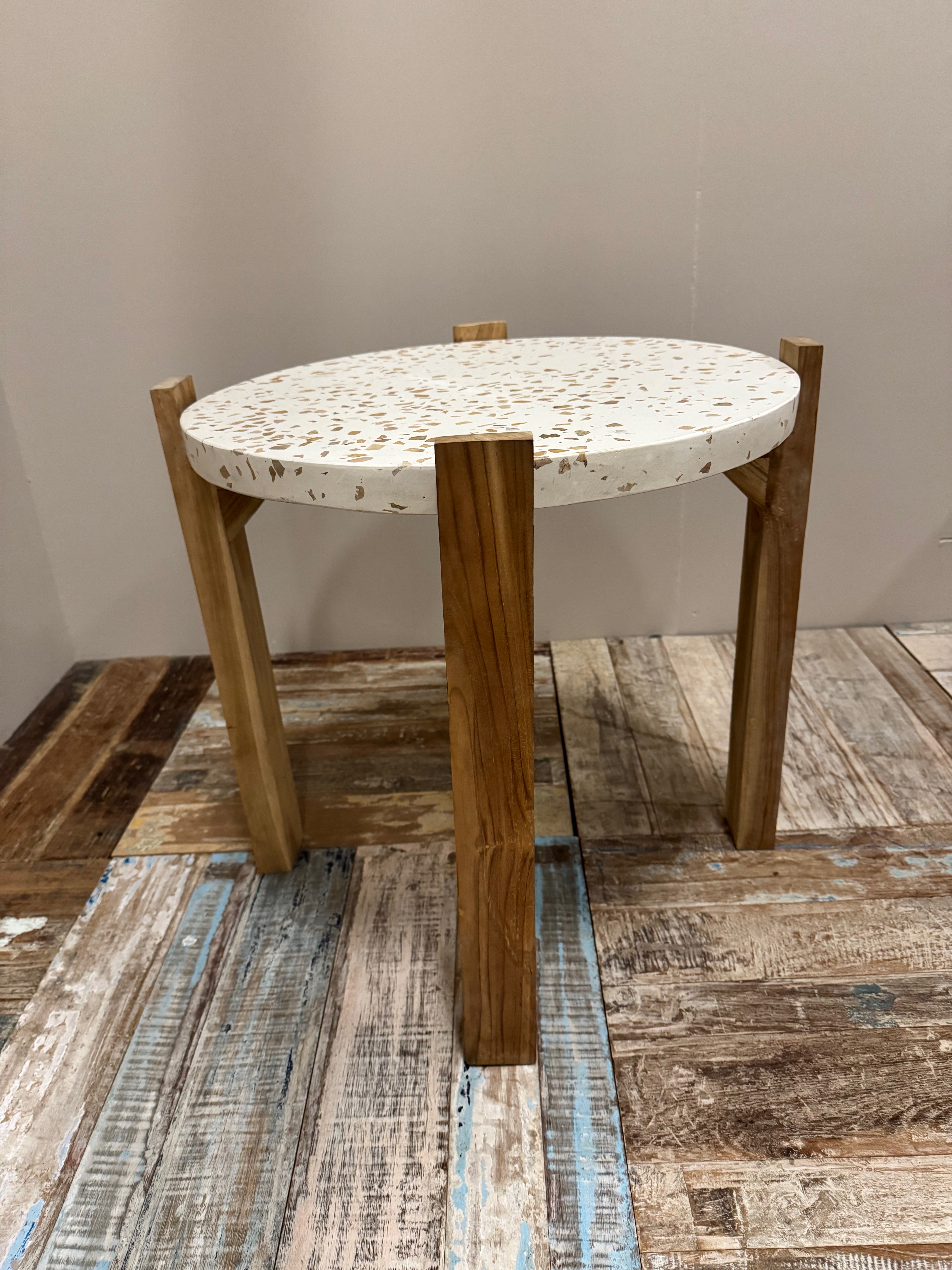 Teak & Terazzo Side Table - Round | 50 x 55 cm