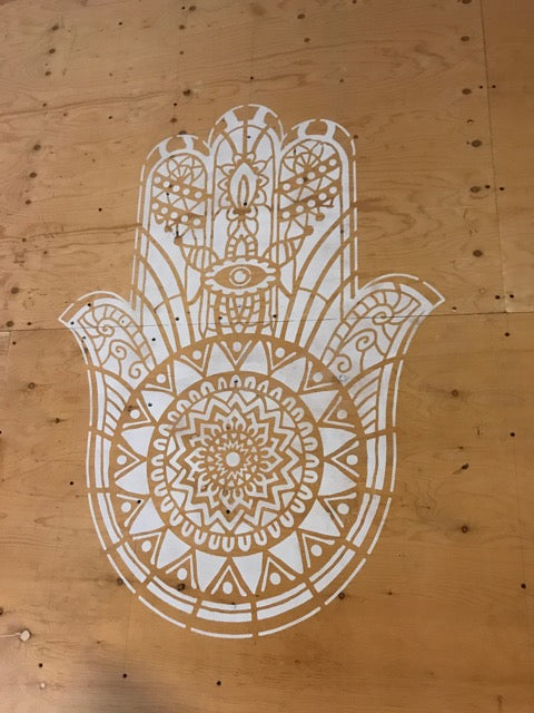 Big Hamsa Mandala Stencil in 130x90cm for removing negative energy and adding a protective touch to your home.
