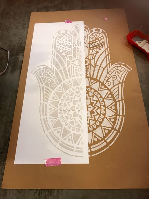 Big Hamsa Mandala Stencil in 130x90cm for removing negative energy and adding a protective touch to your home.