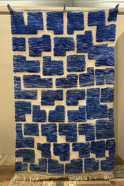 Blauw/creme geblokt tapijt - 100% Wol | uniek stuk