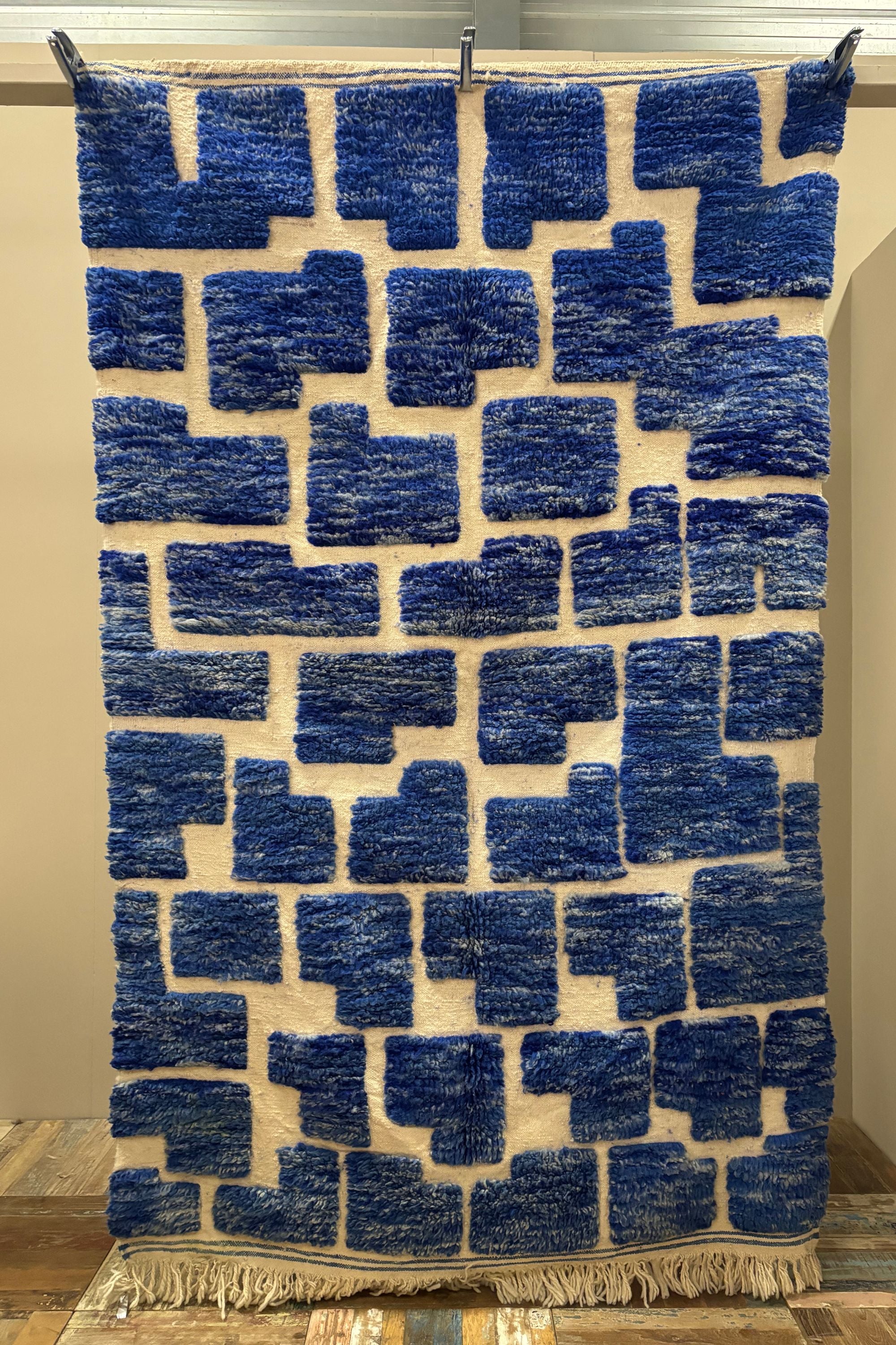 Blauw/creme geblokt tapijt - 100% Wol | uniek stuk