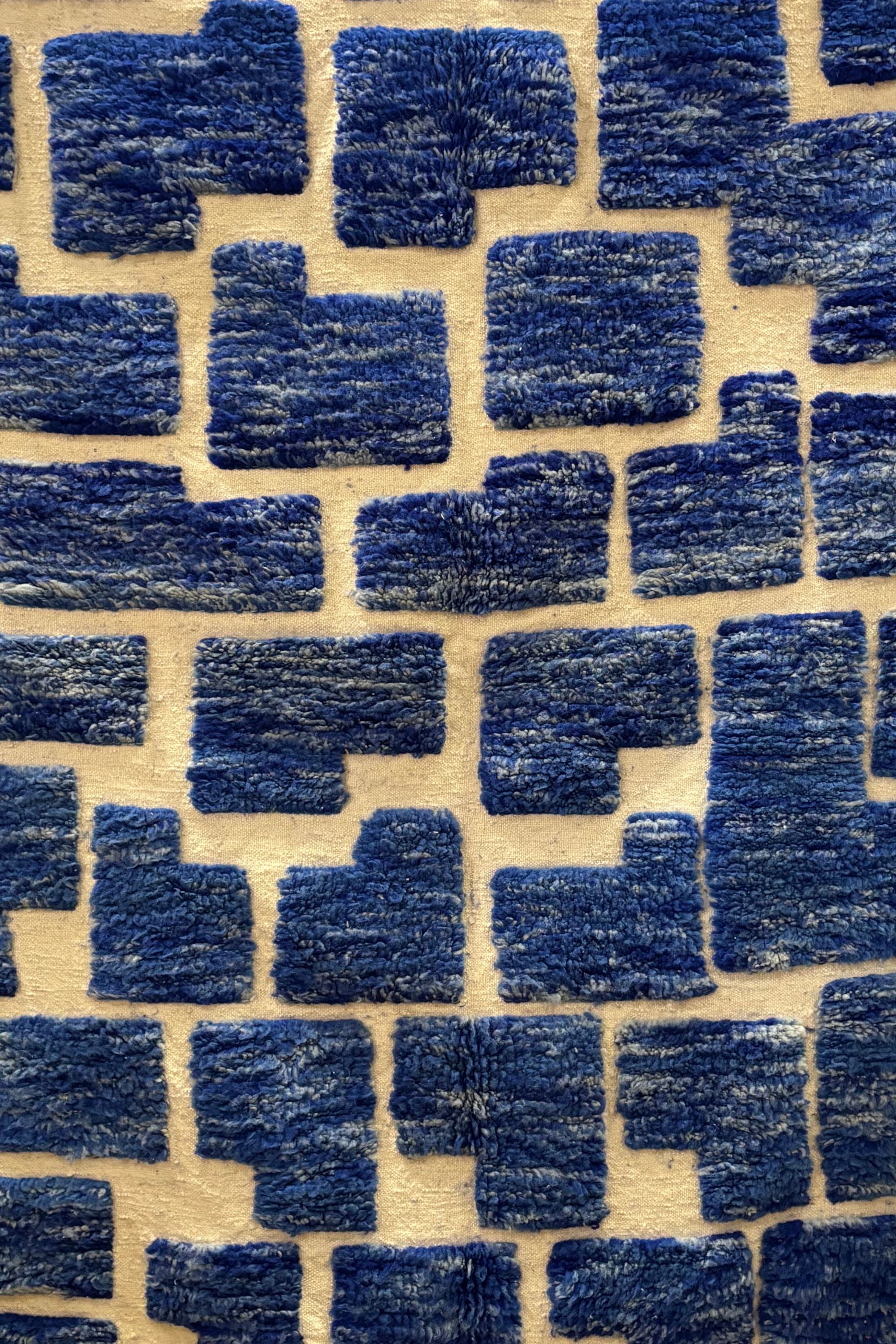 Blauw/creme geblokt tapijt - 100% Wol | uniek stuk