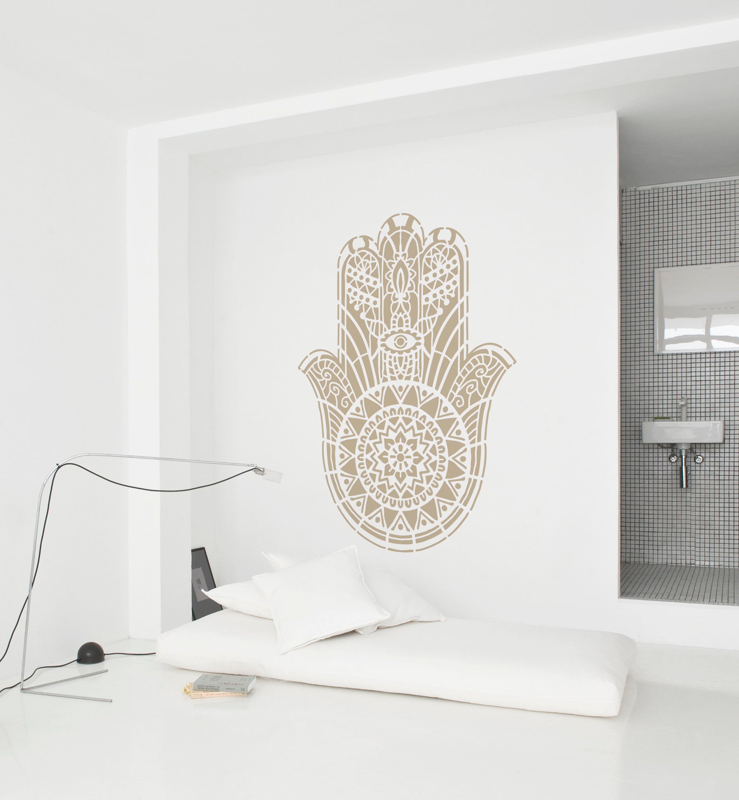 Big Hamsa Mandala Stencil in 130x90cm for removing negative energy and adding a protective touch to your home.