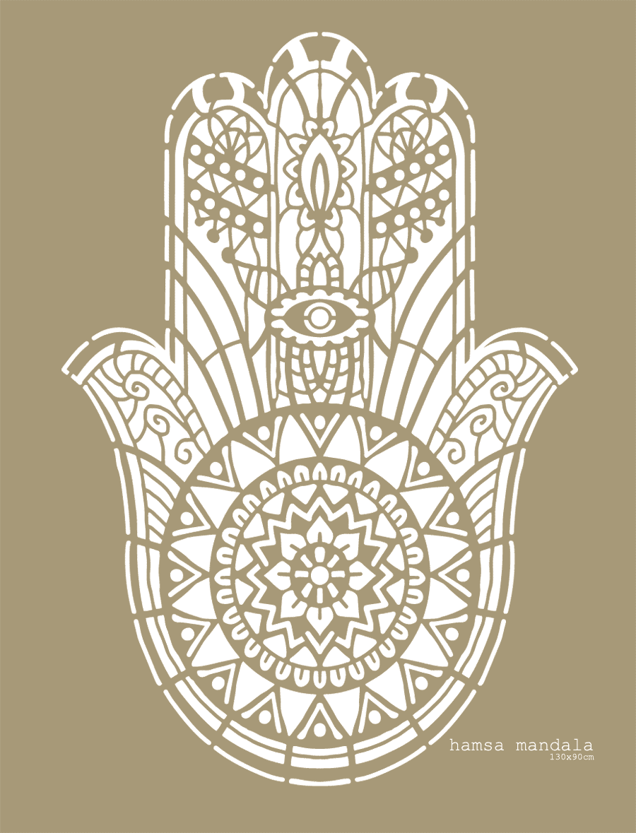 Big Hamsa Mandala Stencil in 130x90cm for removing negative energy and adding a protective touch to your home.
